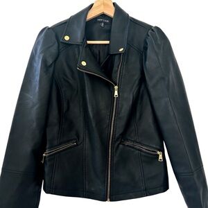 Women’s Moto Jacket Faux Black Leather Sz Medium Gold-Tone Zippers Bikercore